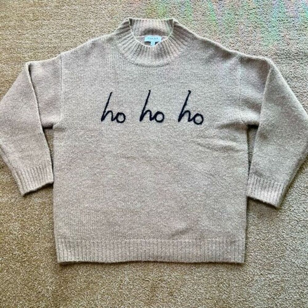 Gilli Womens Beige Ho HO HO Mock Neck Wool Blend Pullover Sweater‎ Size Small